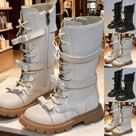 Miluxas Girls Leather Lace up Knee High Boots with Side Zipper Bow Fashion Comfortable Low Heel Combat Riding Boots Winter Mid Calf Boots Little Kid/Big Kid Black 2.5 M(37)