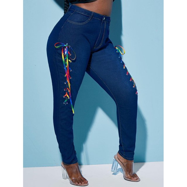 Colorido Lace Up Front Plus Size Skinny Jeans Rosegal Vaqueros de talla grande