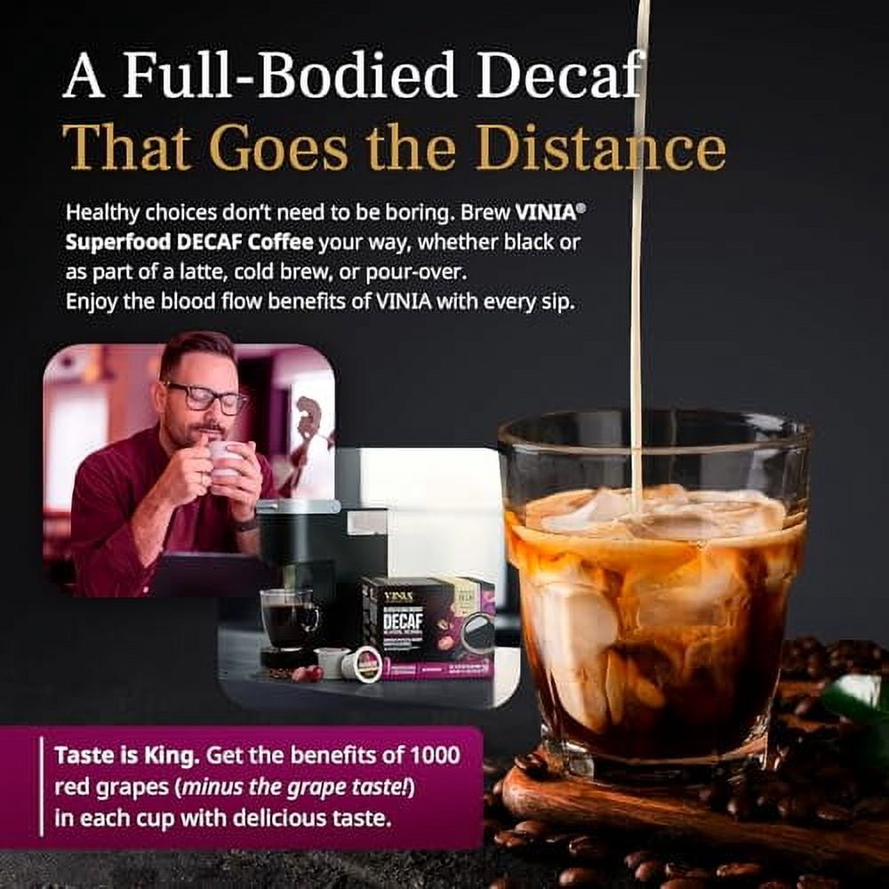 VINIA Blood Flow Coffee DECAF - Medium Roast Superfood Coffee Pods, Swiss Water Process Powered by Red Grape Piceid Resveratrol Boost Energy Keurig Compatible K-Cup Coffee Pods, Caffeine Free, 30 Ct