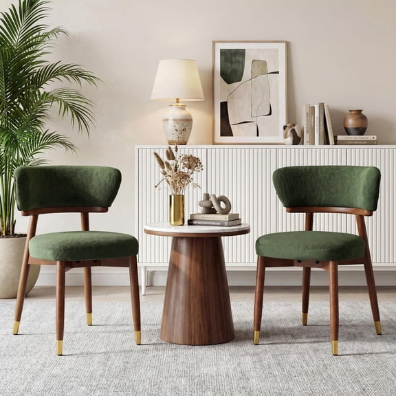 EHANCIS Fabric Upholstered Dining Chairs Set of 2,Ergonomic Curved Backrest with Extra-Thick Cushion, Classic Wooden Legs, Suitable for Kitchen and Dining Room(Green)