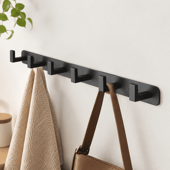 Black 6-Hook Wall Mounted Coat Rack, Heavy Duty Stainless Steel Storage Rail for Entryway