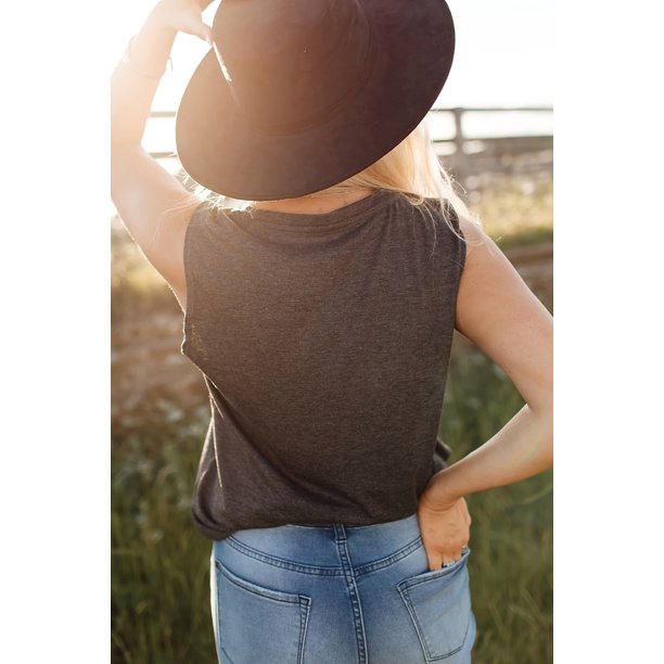 ABPHQTO Camiseta sin mangas gris con cuello redondo y estampado de letras CASH para mujer