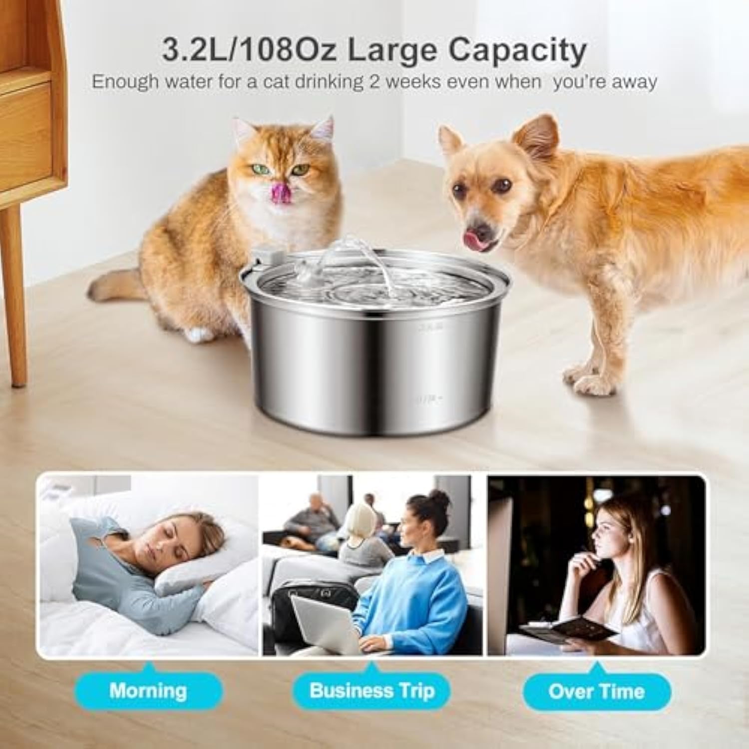 Purepaw Dog Water Fountain,Pawquench Automatic Pet Water Fountain,Cat Water Fountains,3.2L,Ultra-Quiet Stainless Steel,Deeper Drinking Area,for Dog,Cat or Pet (C)
