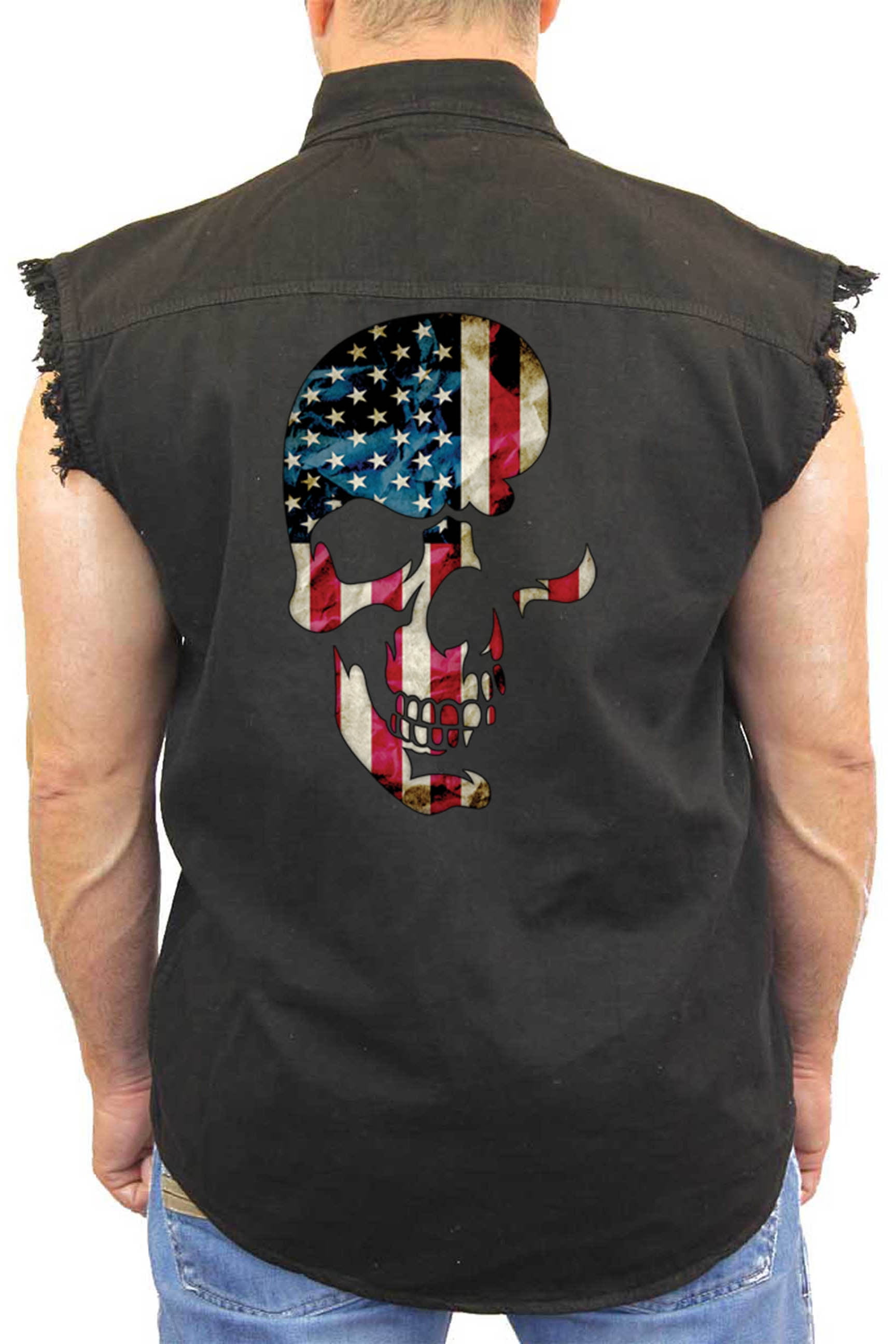 Biker Apparel - Men's Sleeveless Denim Shirt USA Flag Skull Americana Biker - Walmart.com 