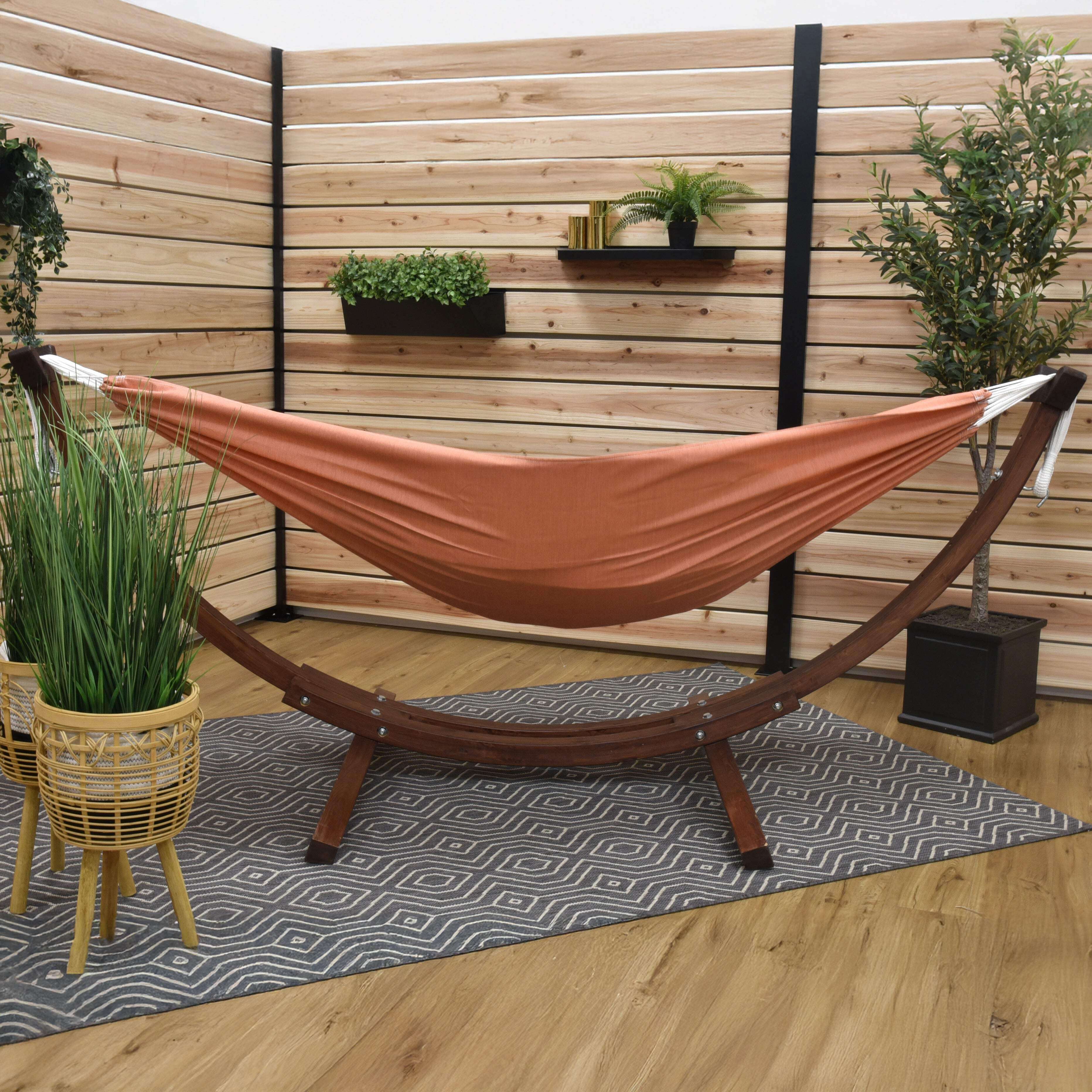 Vivere Double Sunbrella Hammock with Solid Pine Arc Stand- Coral