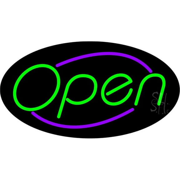 Green Open With Purple Border Oval Animated LED Neon Sign 20 x 37 - inches, Clear Edge Cut Acrylic Backing, with Dimmer - Bright and Premium built indoor LED Neon Sign for storefront.