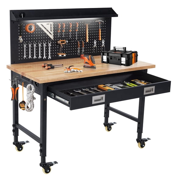Aoile 48"x24" Adjustable Workbench with Casters, Pegboard & Work Light, 2000 LBS Load Capacity for Workshop Garage