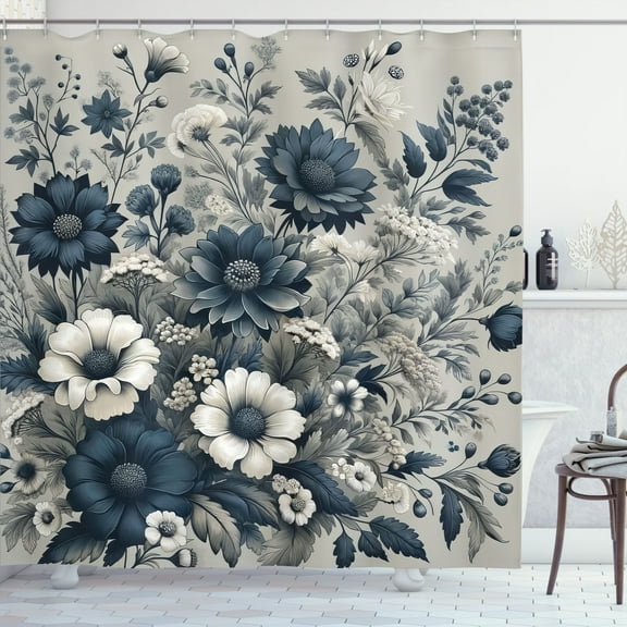 Ambesonne Navy Blue Shower Curtain, Wild Monochrome Flowers, 69"Wx84"L, Blue Coconut