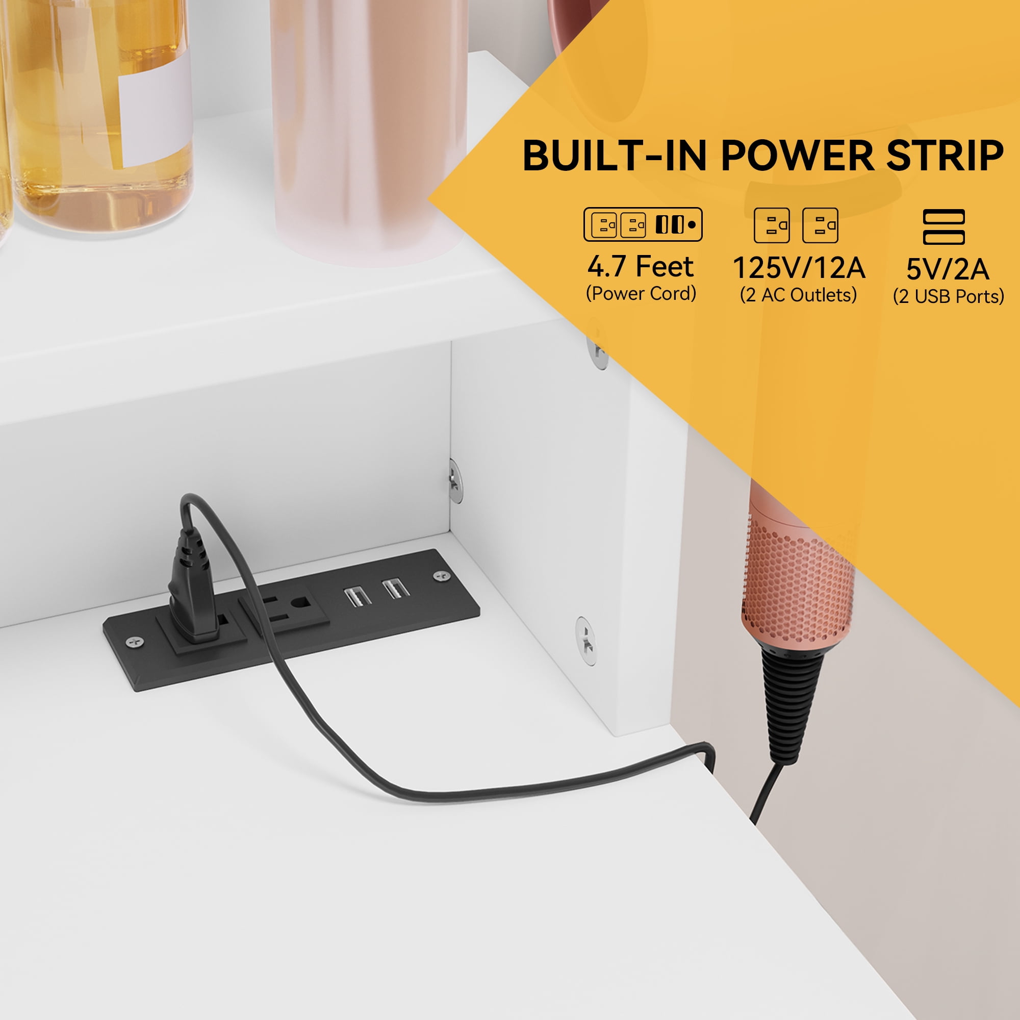 Uforic Corner Vanity Desk with Mirror, Lights, Power Outlet, Adjustable Brightness, White