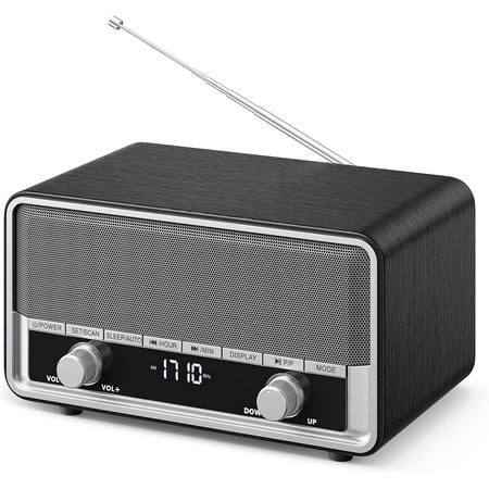 Vintage Wood AM FM Bluetooth Radio with Clock, Digital Clock Radio for Bedroom with LCD Display | 40 Presets | Sleep Timer | No Alarm, Retro Bluetooth Speaker for Office, Kitchen