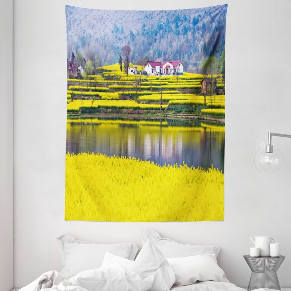 Yellow Flower Tapestry, Rural Spring Scenery in Northern Shaanxi China Blossoming Farmland, Wall Hanging for Bedroom Living Room Dorm Decor, 60W X 80L Inches, Yellow Hunter Green, by Ambesonne