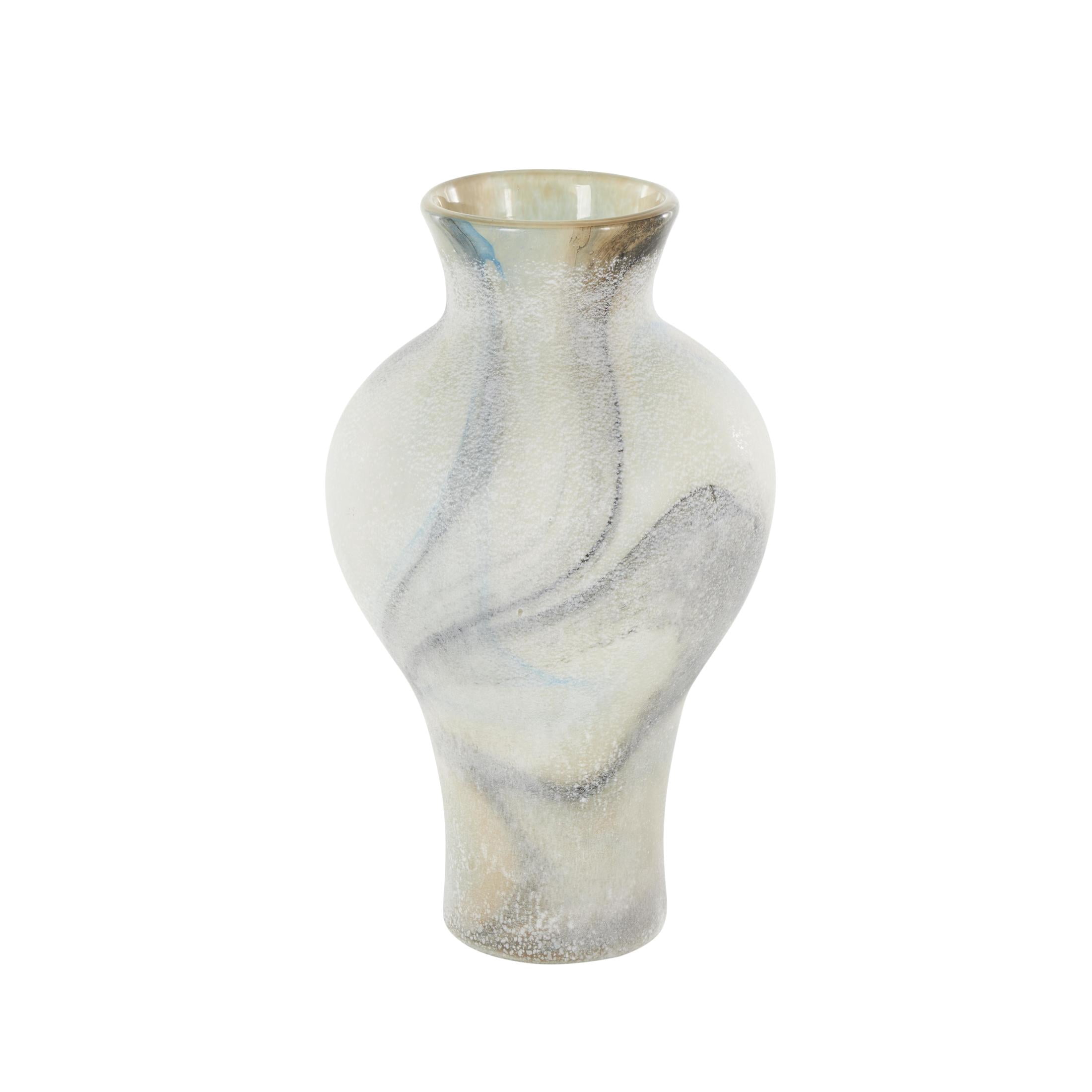 DecMode 12" Distressed Cream Glass Vase with Blue and Tan Texturing