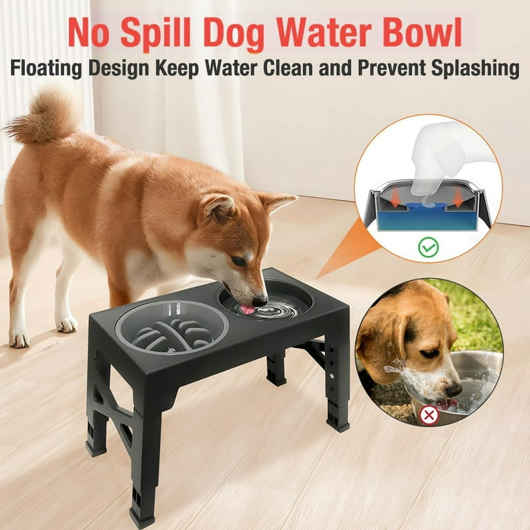 Pet Deluxe Elevated Dog Bowls, 5 Height Adjustable Metal Raised Dog Bowl  Stand with Slow Feeder & Two 54oz Stainless Steel Dog Food Water Bowl Set,  No