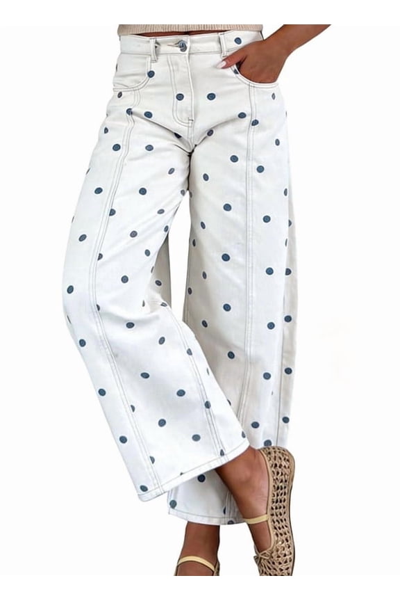 Women's White Polka Dot Barrel Jeans Mid Rise Vintage Denim Pants with Pockets