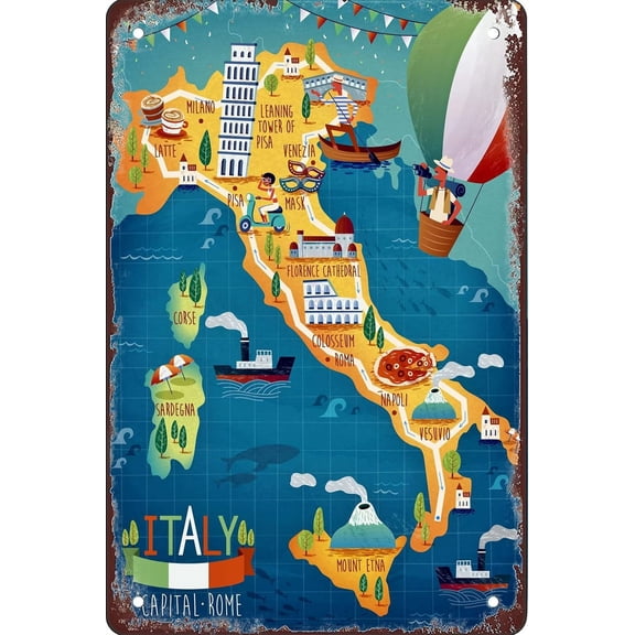 Italy Map Sights 8x12 Inch Retro Decorative Sign Metal Tin Sign Room Decorative Wall Art Bar Retro World Travel Poster Wall Decoration