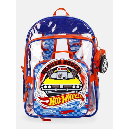Hot Wheels Boys 17" Clear Rodger Dodger Backpack with Lunch Box & Bag Charm, 3-Piece Set, Orange