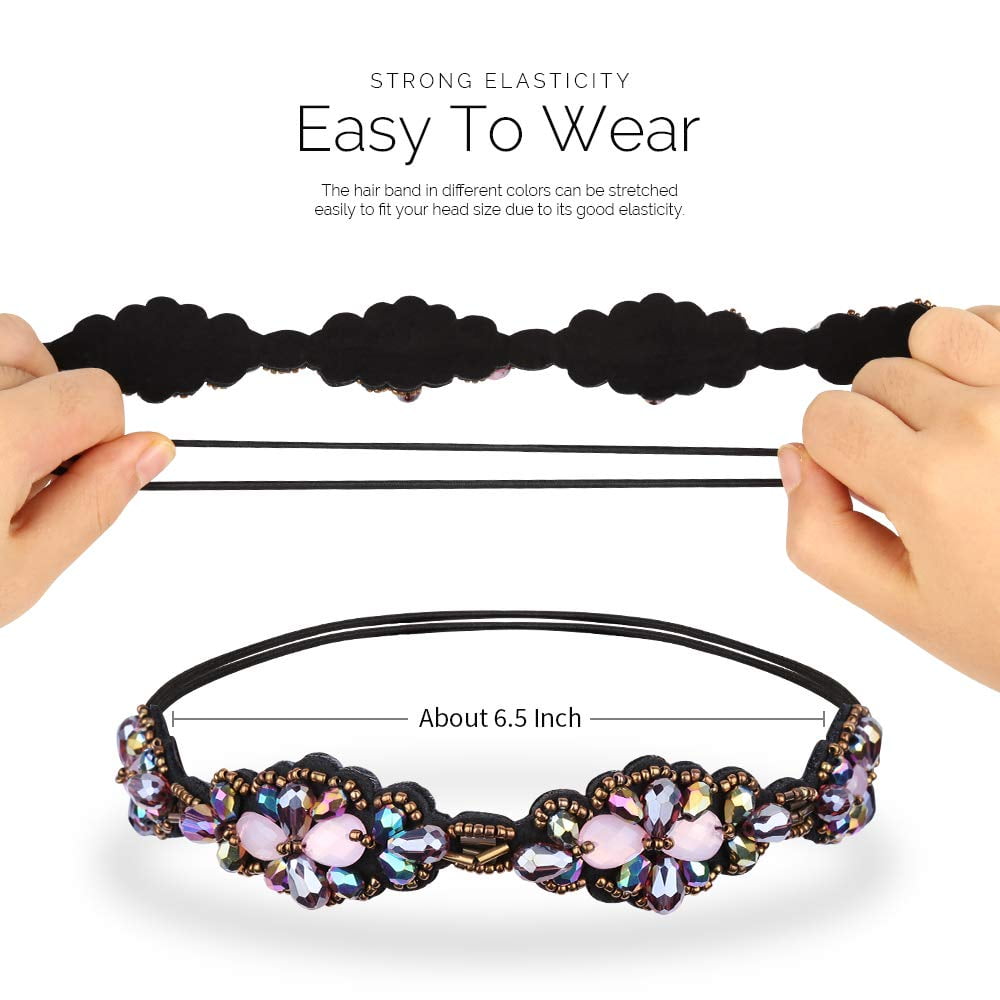 5pcs Elastic Beaded Headbands, Jewels Hairbands Hat Bands, Crystal Rhinestone Headband for Women Girls