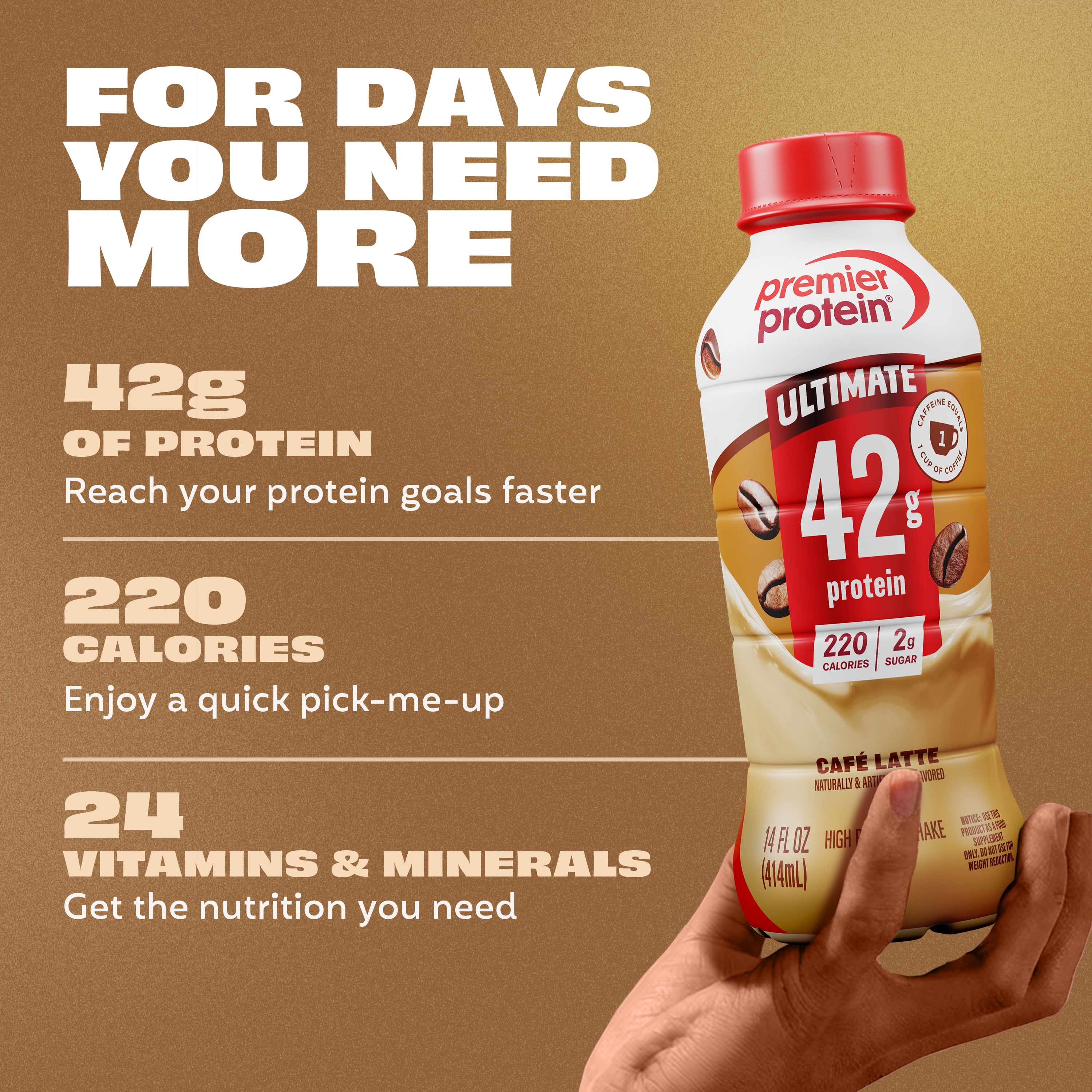 Premier Protein, Ultimate 42g Protein Shake, Café Latte, 14 Fl Oz, 12 Ct