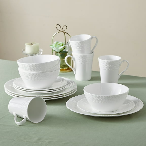 Pacifica Home Lily Bone China Modern White Porcelain Dinnerware Set, Service for 4, Chip & Scratch Resistant, Dishwasher & Microwave Safe