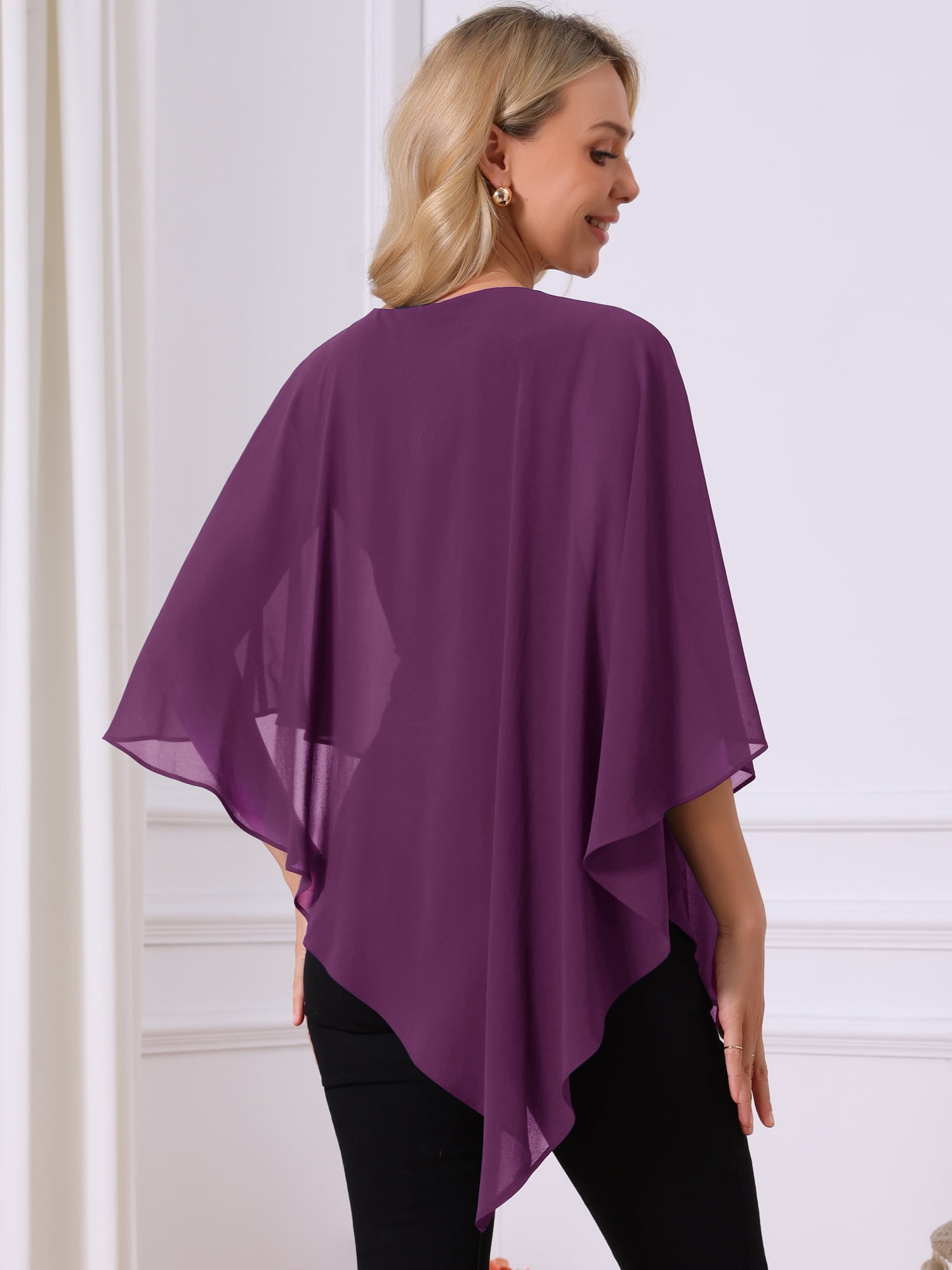 DARING DIVA Women's Flowy V Neck Chiffon Blouse Asymmetrical Top XL Purple