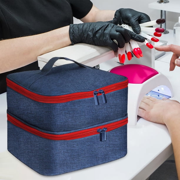 Bolsa de almacenamiento, bolsa de transporte con asa, contenedor, organizador de esmalte de uñas, estuche con bolsillo con cremallera para herramienta rojo azul