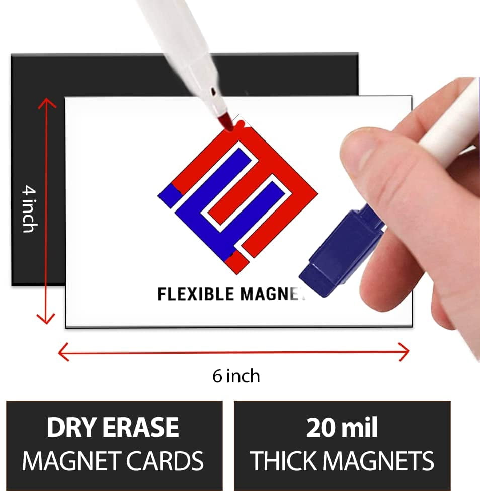 Dry Erase Magnetic Blank Cards - Plus Bonus! 4 Colored Dry Erase Markers - Dry Erase Index Cards - 4 x 6 Reusable Flash Cards - Mini Magnetic Cards for Fridge (32)
