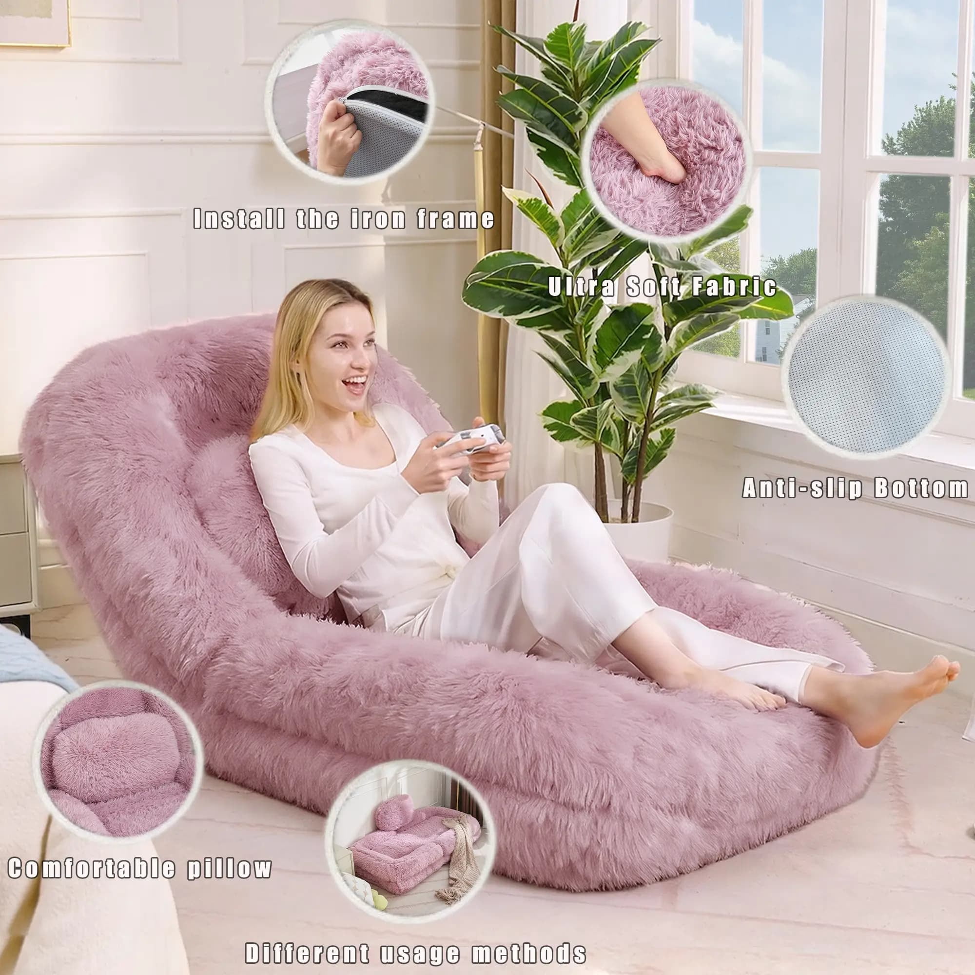 Aukfa Fold Lazy Sofa Bed, Floor Chair Small Couch with 5 Adjustable for Living Room, Plush Fabric,Pink