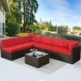 thumbnail image 1 of AECOJOY 7 PCS Patio Conversation Set, PE Rattan Wicker Outdoor Sectional Set with Cushions and Coffee Table, Patio Dining Set for Garden in Brown Rattan & Red Cushion, 1 of 9