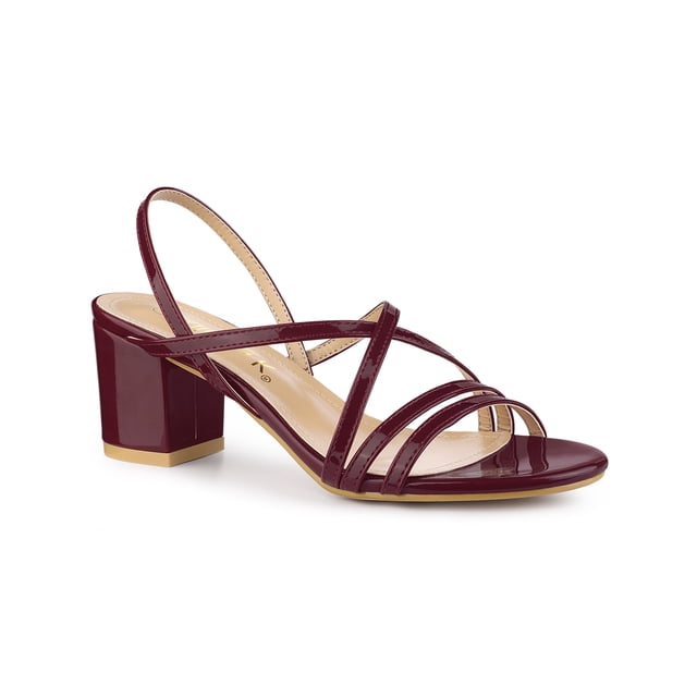 BLISSFUL STEP Women's Solid Color Strappy Slingback Block High Heels Sandals Burgundy 7