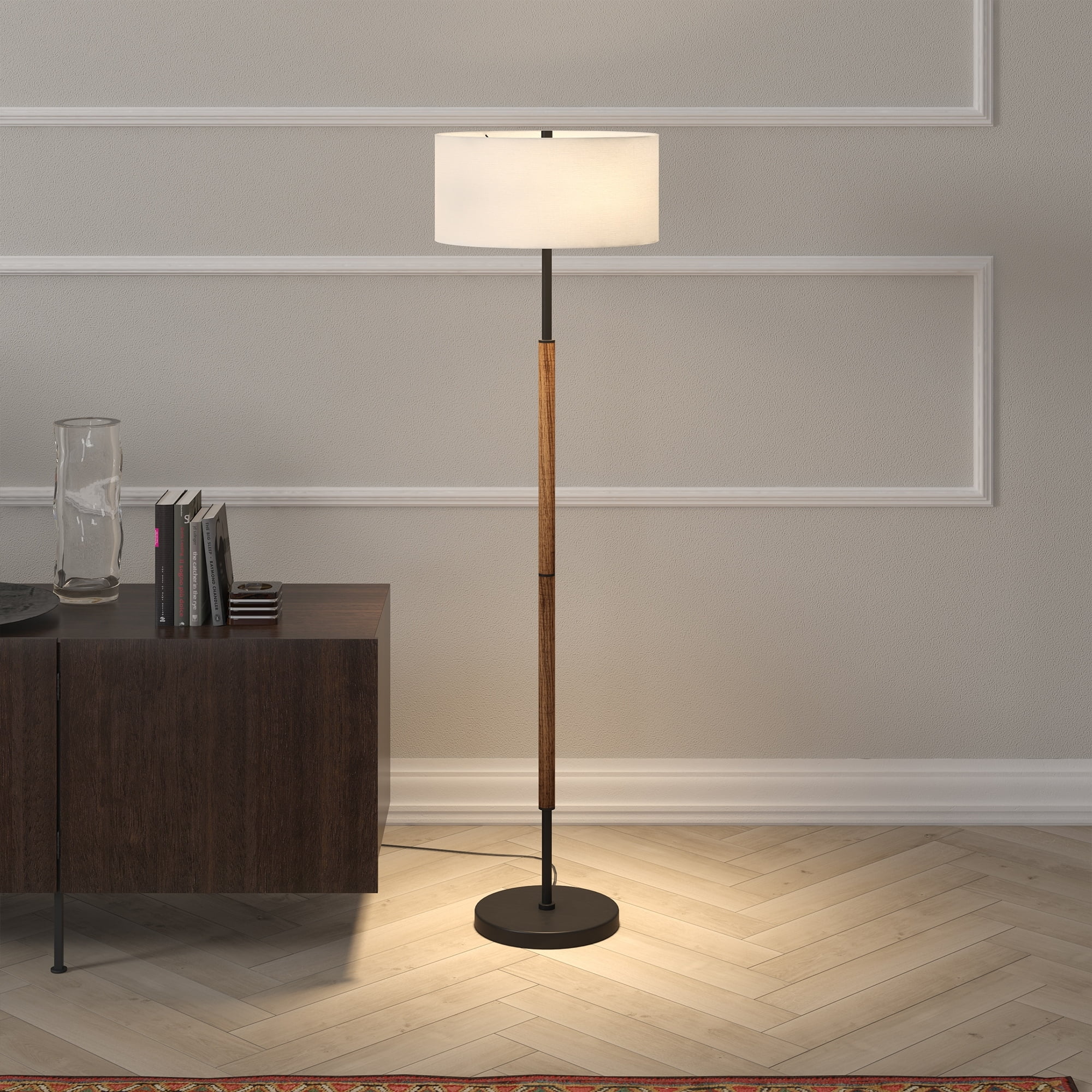 Evelyn&Zoe Simone 2-Light Floor Lamp with Fabric Shade, Blackened Bronze/Rustic Oak/White