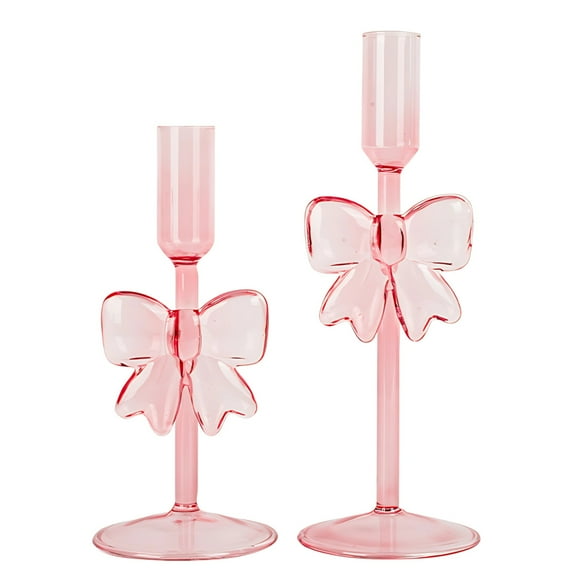 2 Pcs of Pink Glass Candle Holders, Bow Design Romantic Wedding Decor, High and Low Candle Stick Holders for Table Centerpiece, Great for Engagement, Valentine's Day, and Home Decoration