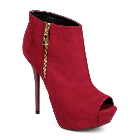 Qupid CH95 Women Suede Peep Toe Zipper Stiletto Ankle Bootie
