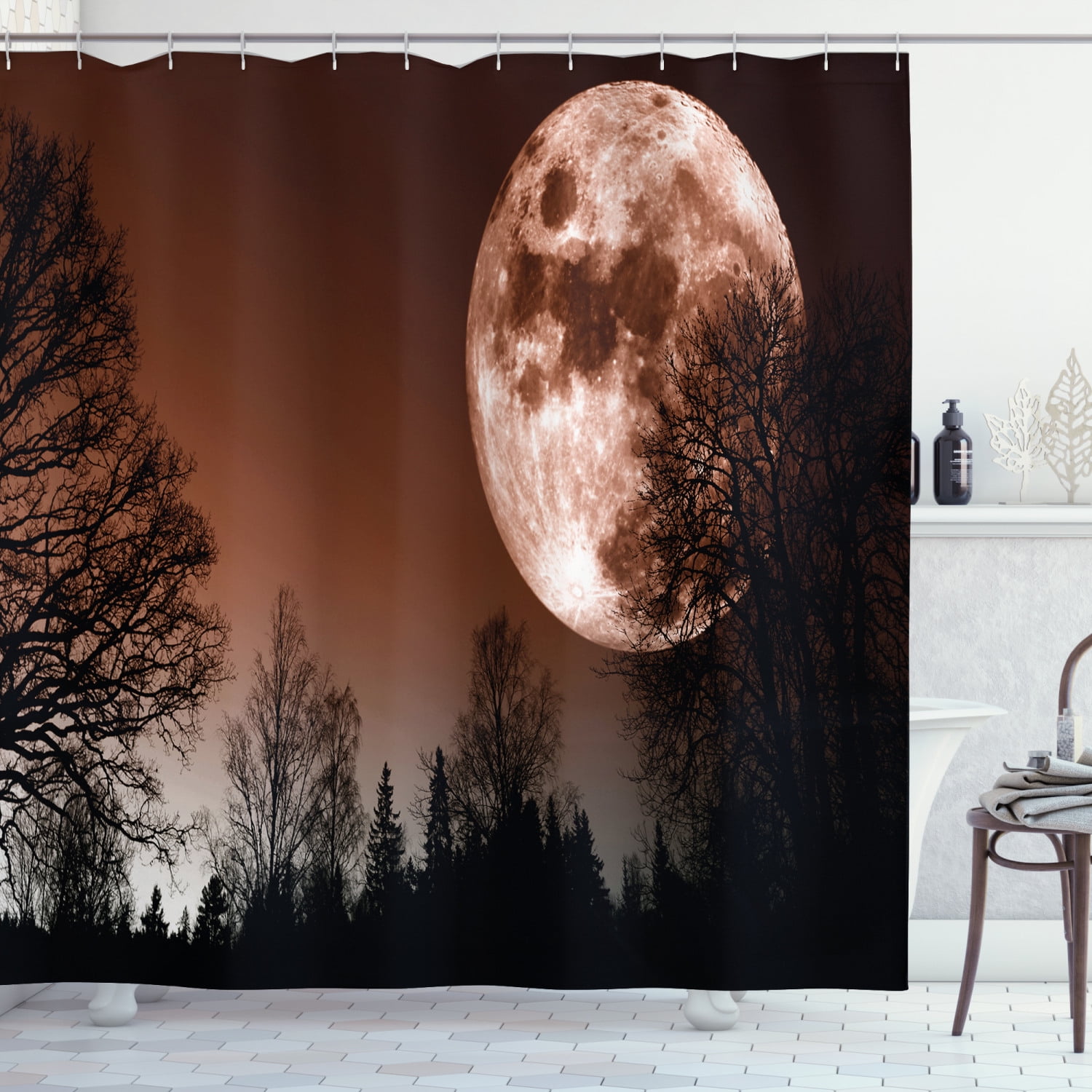Moon Shower Curtain, Abstract Color Scheme with Forest Detailed Full