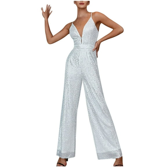 Sequins Jumpsuits for Women Sleeveless Deep V Neck Spaghetti Strap Wide Leg Long Rompers Dressy Jumpsuit Club Party Cocktail Outfits White,XL
