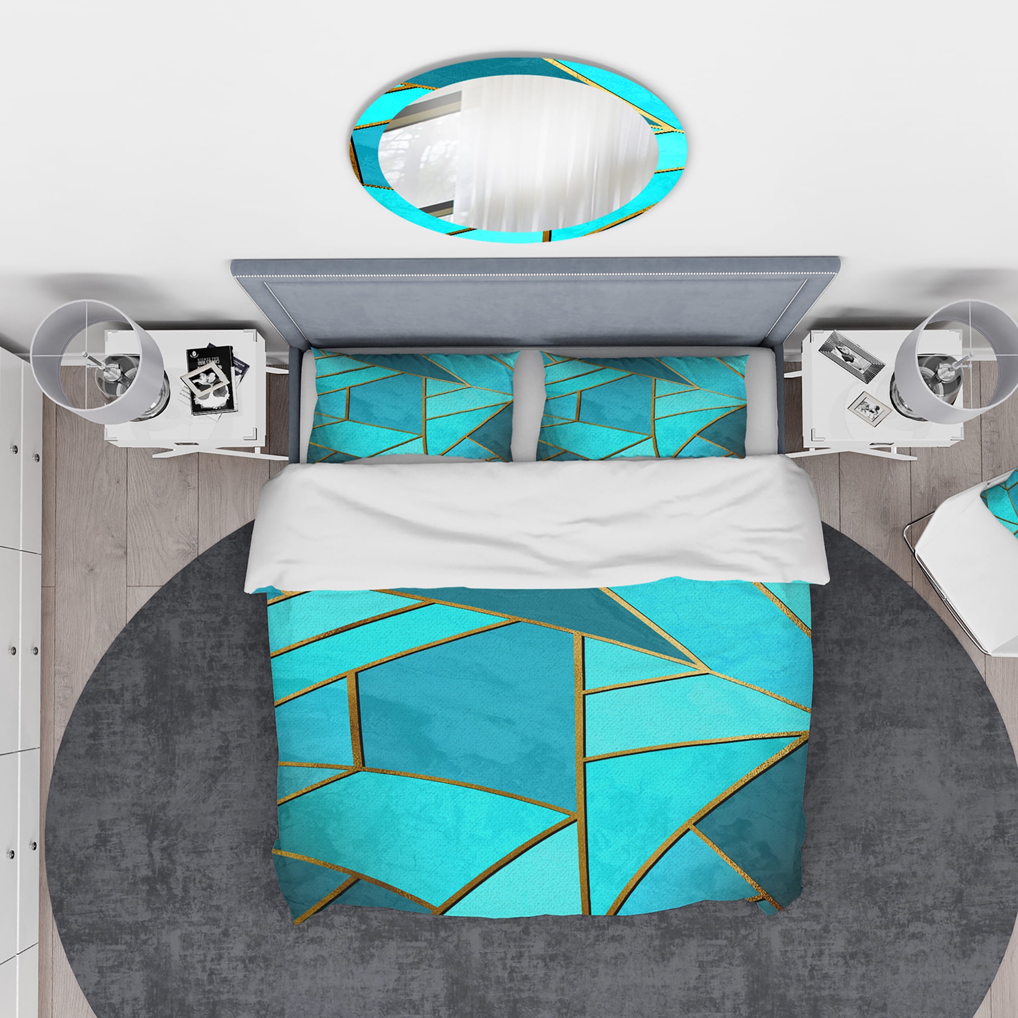 Designart 'Yellow Triangular Geometry over Background of Shades of Cyan' Modern & Contemporary Duvet Cover Set