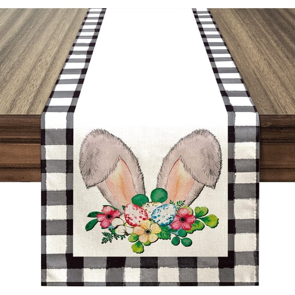 Easter Table Runner, Easter Decorations Buffalo Plaid Easter Bunny Ear Seasonal Spring Holiday Table Decorations for Easter Party Dining Table Decor (13" x 72")