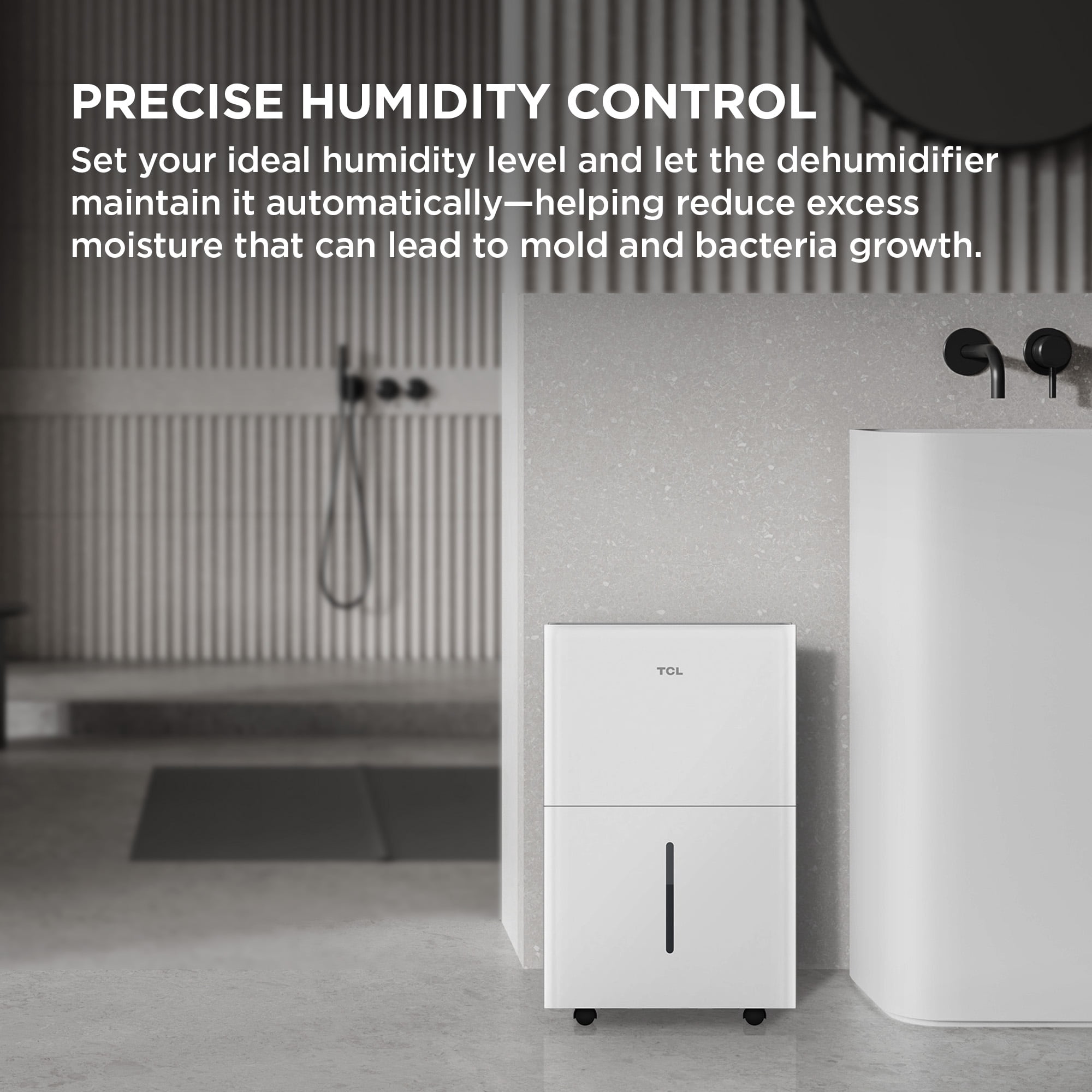 TCL 25 Pint Smart Dehumidifier (White) - Energy Star Certified, Precise Humidity Control, Quiet Operation, Bucket and Continuous Drain, Compact & Portable Design, Rooms up to 2,000 sq ft - W25D93W