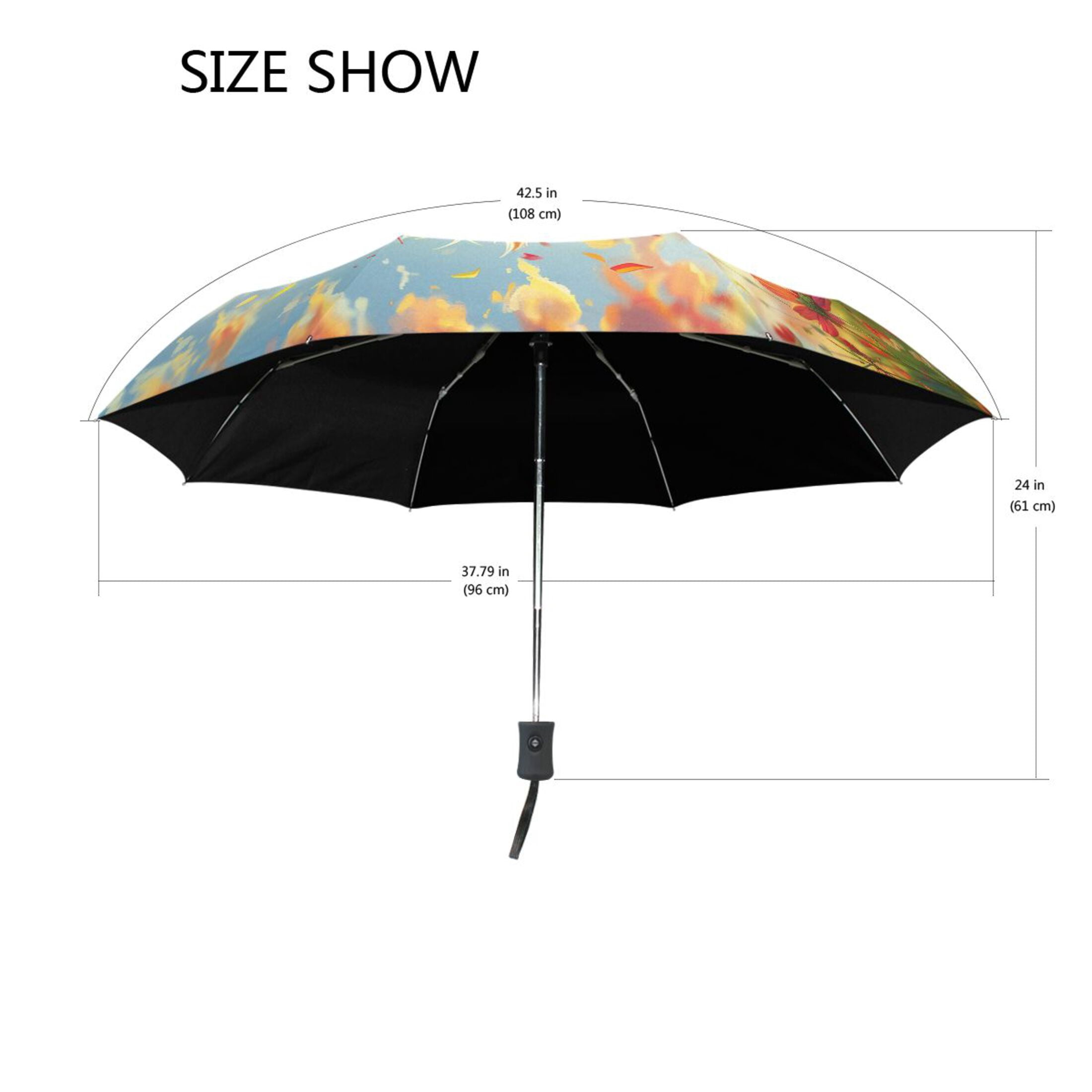 YAZAOO One-Touch Auto Open Close Rain Umbrella With Creative Golden Sunshine Running Free Pattern