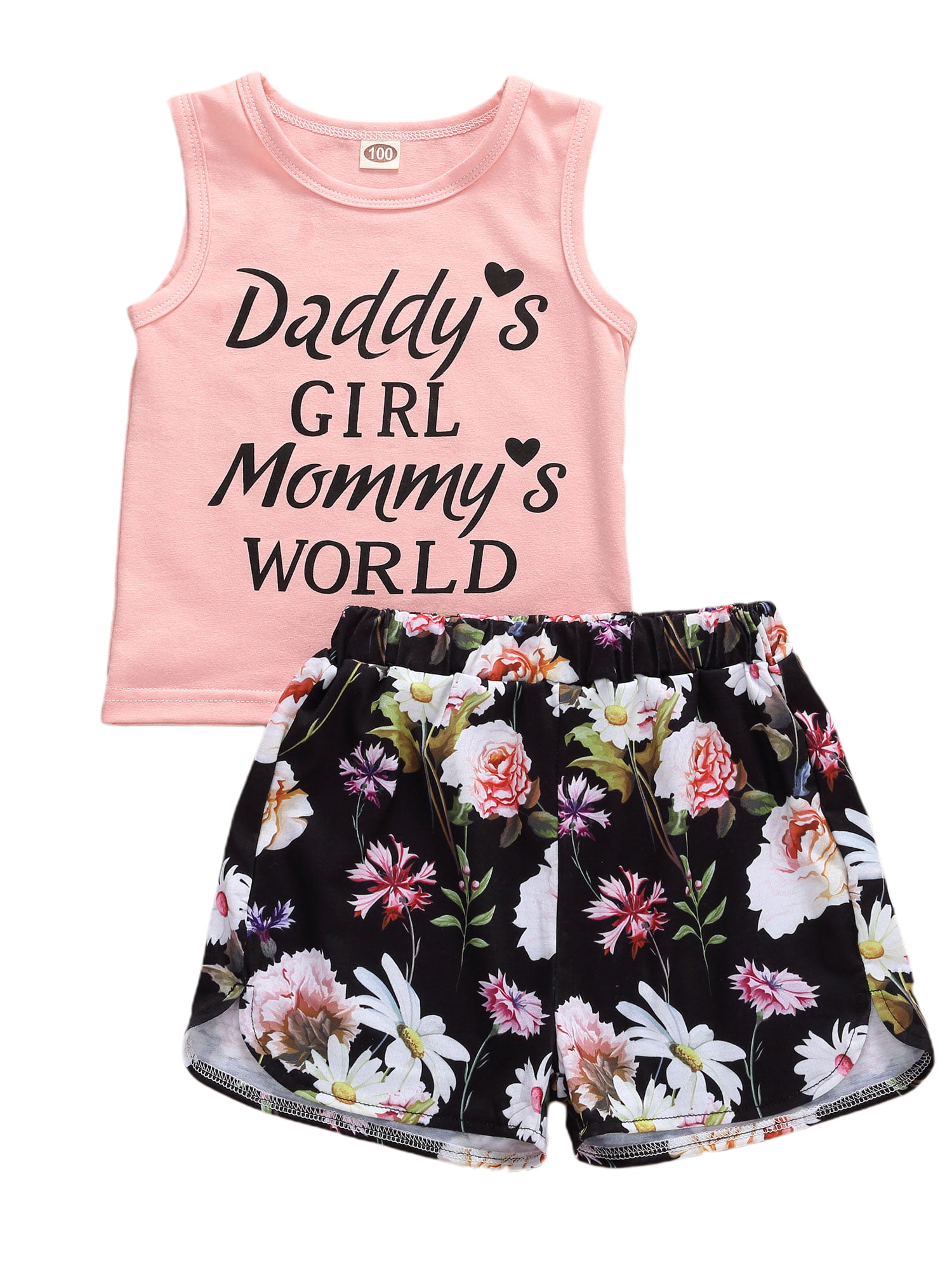 Toddler Baby Girl Sleeveless T-Shirt Tops Blouse Floral+Short Pants Outfits Sets 