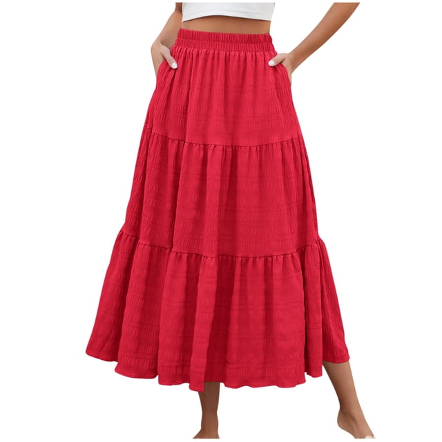 Wdfiry Women's Midi Skirts Solid Color Pleated Ruffled Hem Flowy Skirts Casual High Waist Side Pockets A Line Skirts