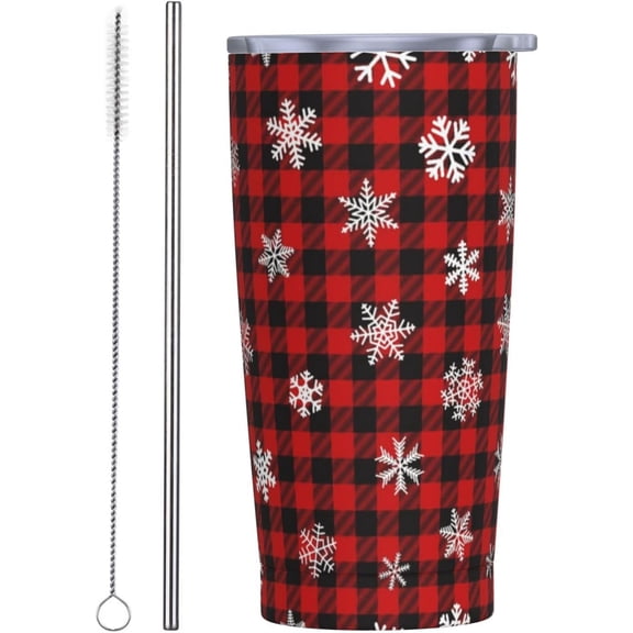20oz Red Black Buffalo Plaid Christmas Tumbler, Gingham White Snowflakes Stainless Steel Travel Coffee Mug with Lid Straw, Xmas Checkered Double Wall Vacuum Insulated Cup for Hot Cold Drinks