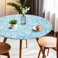 thumbnail image 5 of Springrain Round Leaf-Pattern Vinyl Tablecloth, Waterproof Flannel Backed Cover, Wipeable Elastic Edged, Aqua Blue with White Leaves, 48"/60", 5 of 7