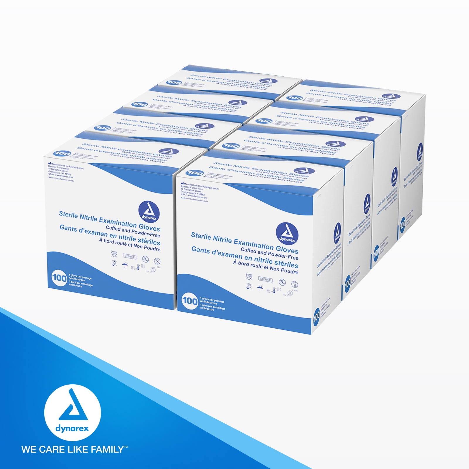 Dynarex Sterile Disposable Nitrile Exam Gloves, Powder-Free, Sterilely Individually Packaged, Textured Palms, Blue, Medium, 1 Case - 8 Boxes of 100