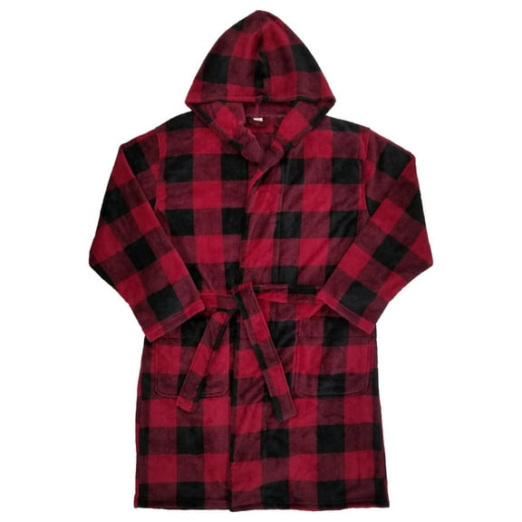 Mens Burgundy Buffalo Plaid Microfleece Robe House Coat Hooded Bathrobe XL-2XL