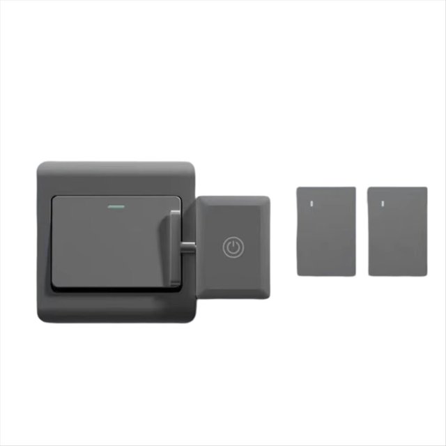 interruptor remoto para el hogar, botón remoto, varilla de empuje, interruptor de control remoto , robot con control remoto. Módulo robot interruptor gris de 51 x 54 mm en vista frontal junto a un interruptor de pared; varilla de empuje lateral con botón de encendido y pequeño LED, con dos controles remotos planos grises a la derecha. Compatible con control a 20 m y carga en 2 horas; ideal para apagar luces sin levantarse.