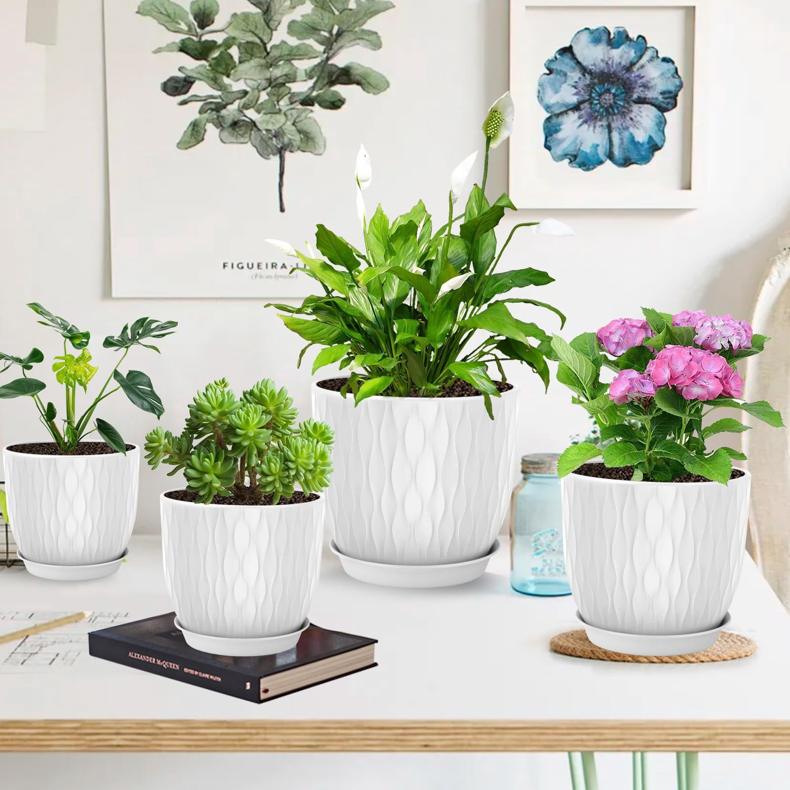 Set of 5 Plastic Plant Pots, 10 9 8 7.5 7 Inch Flower Planters with Drainage & Saucers, White