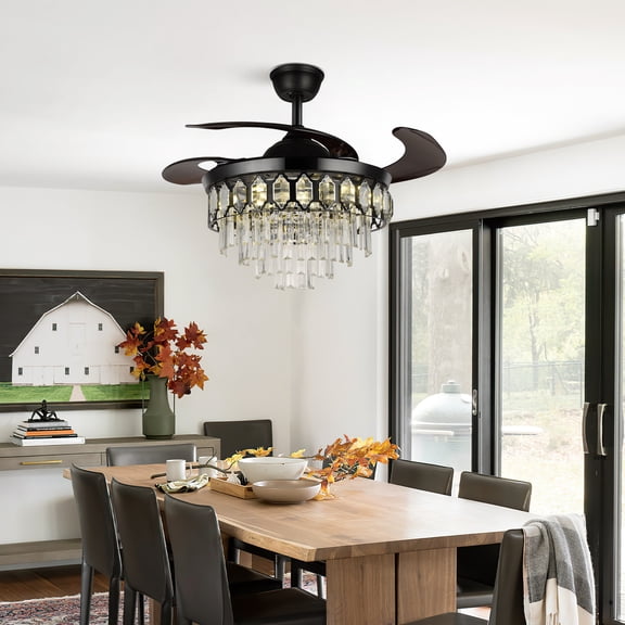 42" Black Crystal Fan Chandelier with Matte Iron Ceiling Fan Light, Remote Control 3 Color Temperatures, 5000 CFM Quiet Motor & Adjustable Downrod