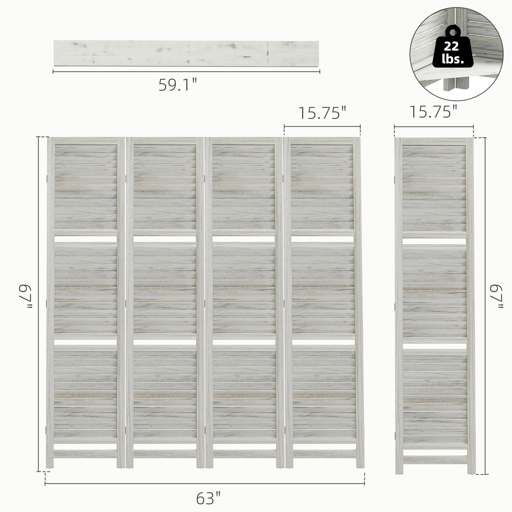 HOMCOM 4 Panel 67" Tall Wood Privacy Screen Room Divider with 3 Display Shelves, and Folding Storage for Bedroom or Home Office, Distressed White