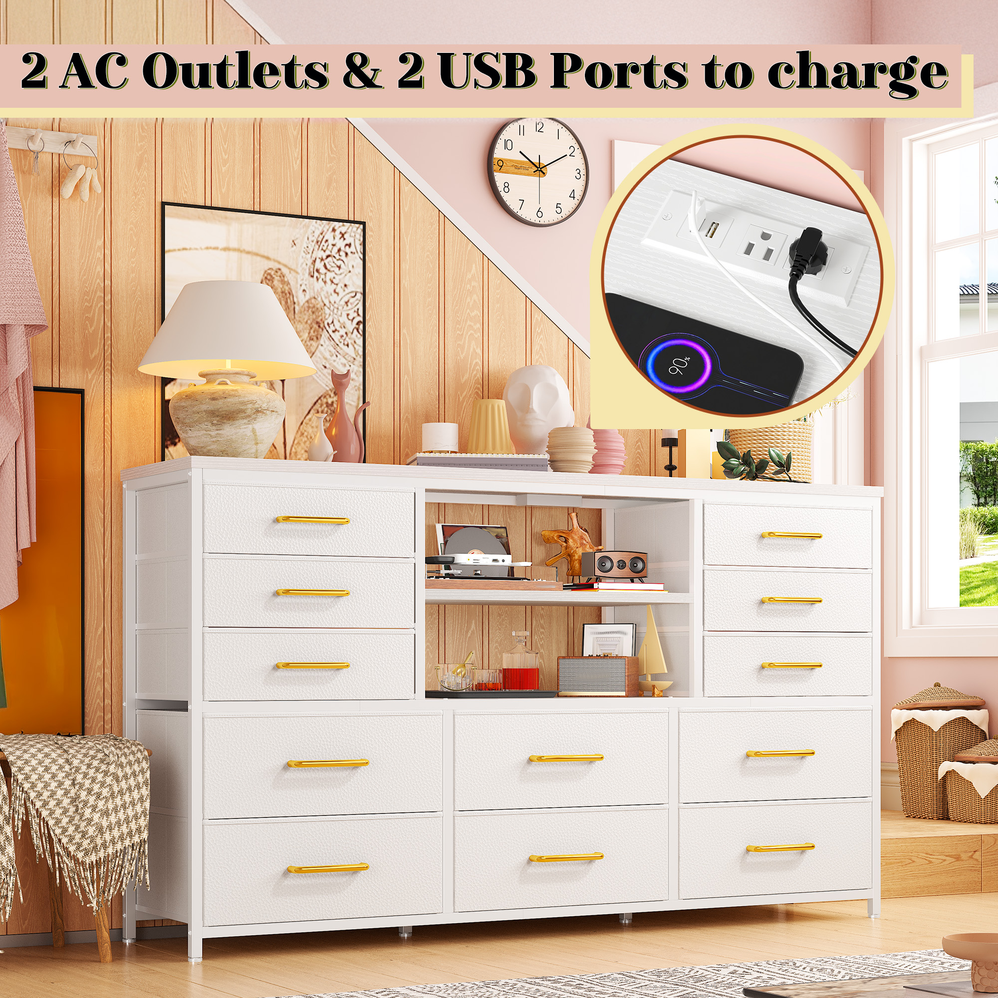 EnHomee White Dressers for Bedroom with LED Lights TV Stand with Power Outlet for 55'' TV with 12 Fabric Drawers