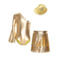 thumbnail image 3 of inlzdz Girls 3Pcs Groovy Jazz Dance Disco Outfit Metallic One Flared Sleeve Leotard with Tassel Skirt Sequin Hat Set Gold 10, 3 of 7